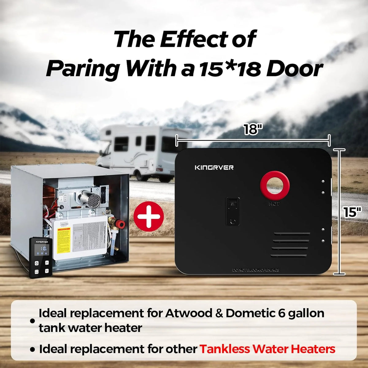 RV Tankless Water Heater without Door. . Propane Gas. DC 12V. 3 Optional Door Sizes 15x15. 15x18 and 18x18 for Refitment. Compatible with All RVs. Sufficient Power. High Altitude
