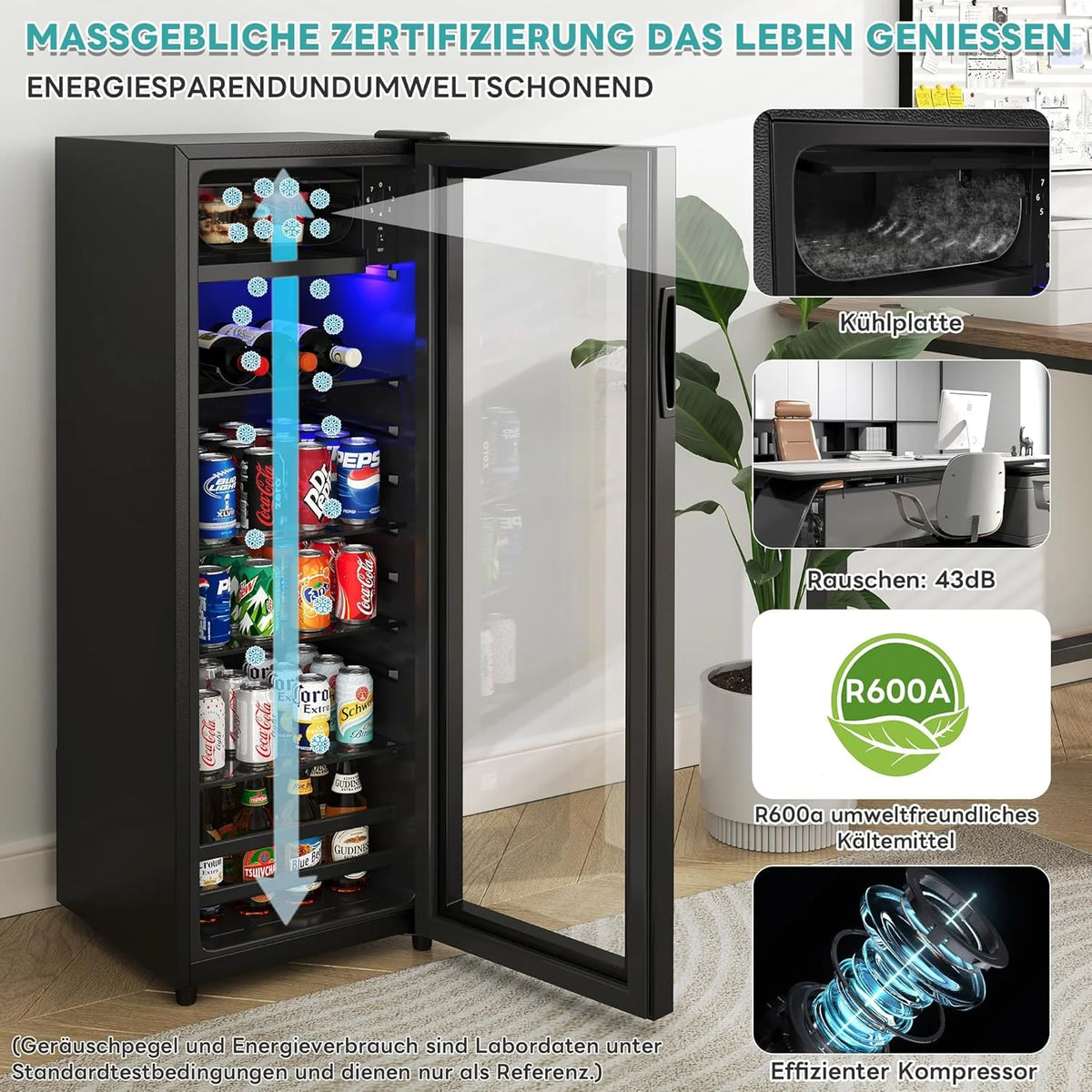 Merax Kühlschrank 128L. Freistehend Getränkekühler mit 120L-Kühlschrank + 8L-Gefrierschrank. mit LED-Innenbeleuchtung und Verstellbare Einlegeböden.