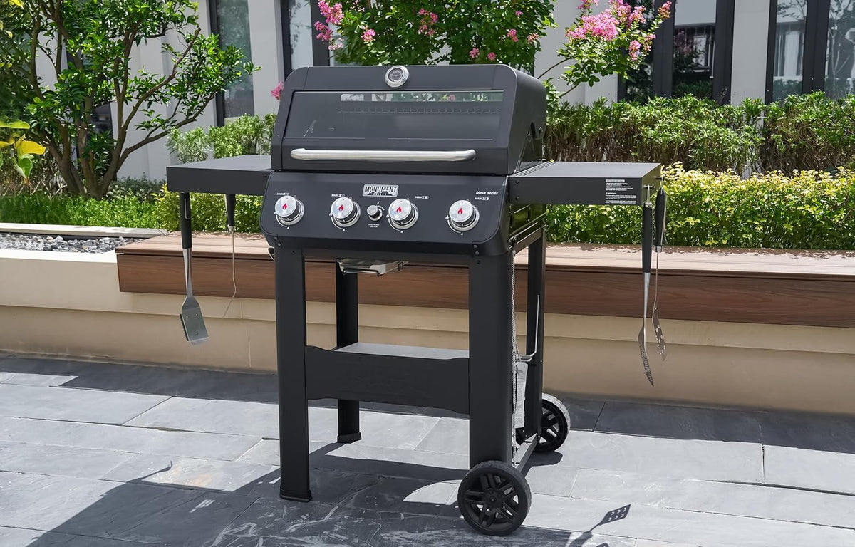 Grills 4-Burner Liquid Propane Gas Grill. Silver Stainless Steel Grill Outdoor Patio Garden Barbecue Grill with Clearview® Lid and One Foldable Shelf. Mesa400MF