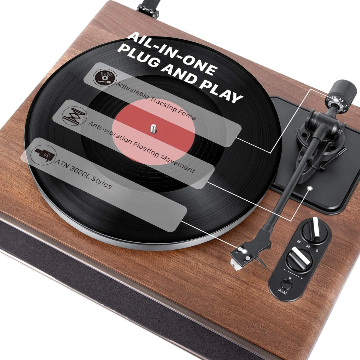 High Fidelity Belt Drive Turntable with Built-in Speakers. Vinyl Record Player with Magnetic Cartridge. Bluetooth Playback and Aux-in Functionality. Auto Off