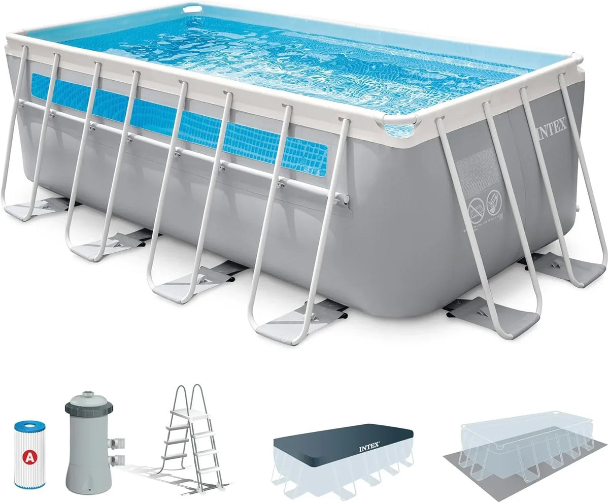 Intex Piscina Desmontable Rectangular Prism Frame. 400x200x122 cm. Material Triple Capa. Capacidad 8.418 L. Ventana panorámica. Tapiz. Cobertor.