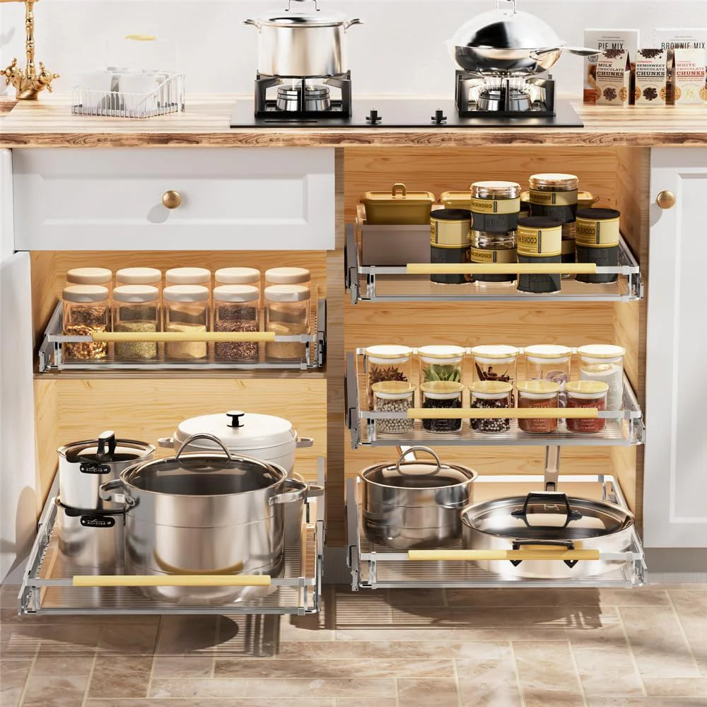Adjustable sliding cabinet shelves. 3 pieces. Large drawer-style cabinet storage box. storage organizer under the kitchen sink. Bottom-mounted baskets. suitable for kitchens and bathrooms.