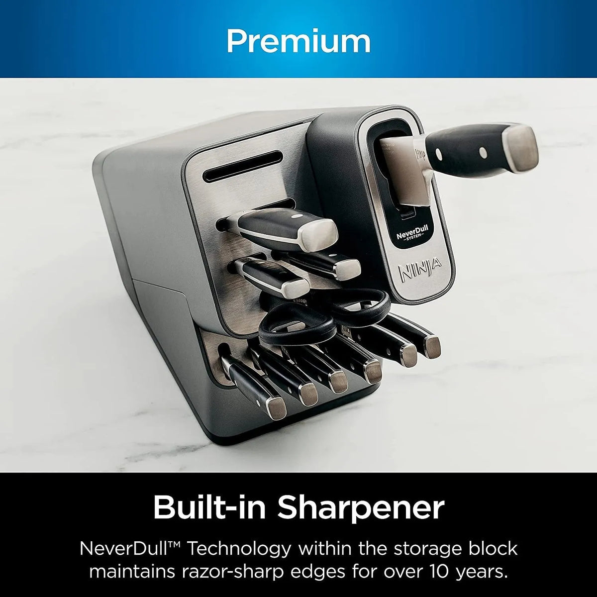 17-Piece Premium Knife Block Set with Built-In Sharpener. Stainless Steel/Black