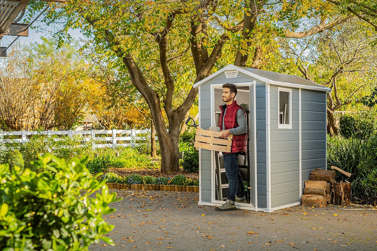 Keter Manor 4X6 - Caseta de jardín. 130x192x198cm y 2.2m2. Suelo. Sistema de ventilación. Puerta y Ventana. Resistente al Agua. Color Gris