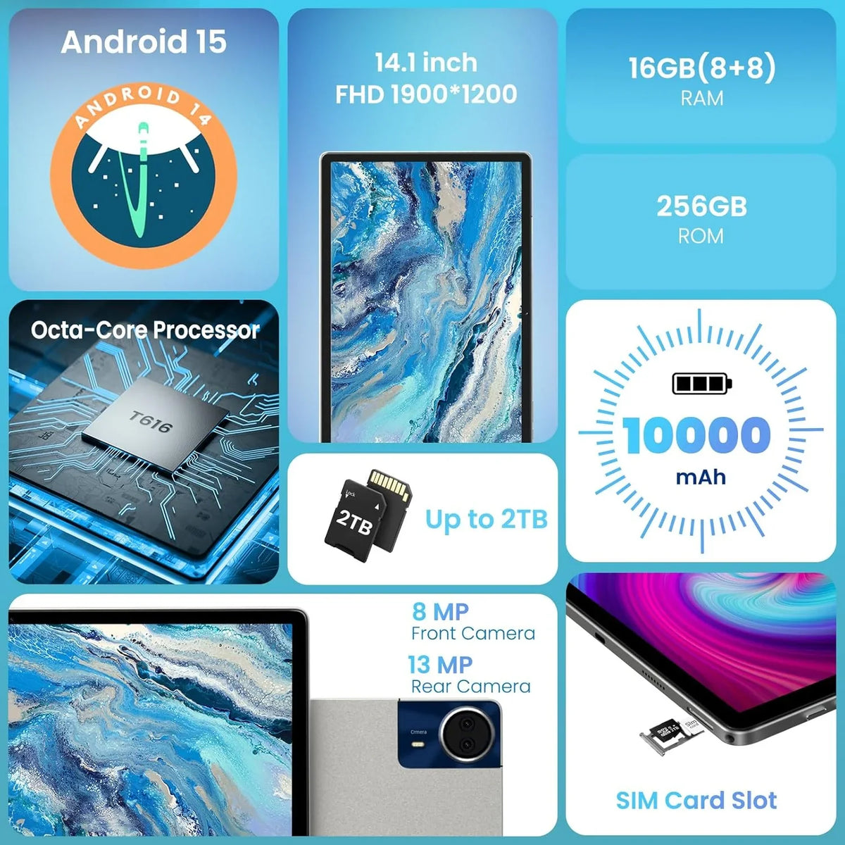 14 Inch Android Tablet. 16GB RAM 256GB Storage. 4G LTE Portable Touchscreen Tablet PC