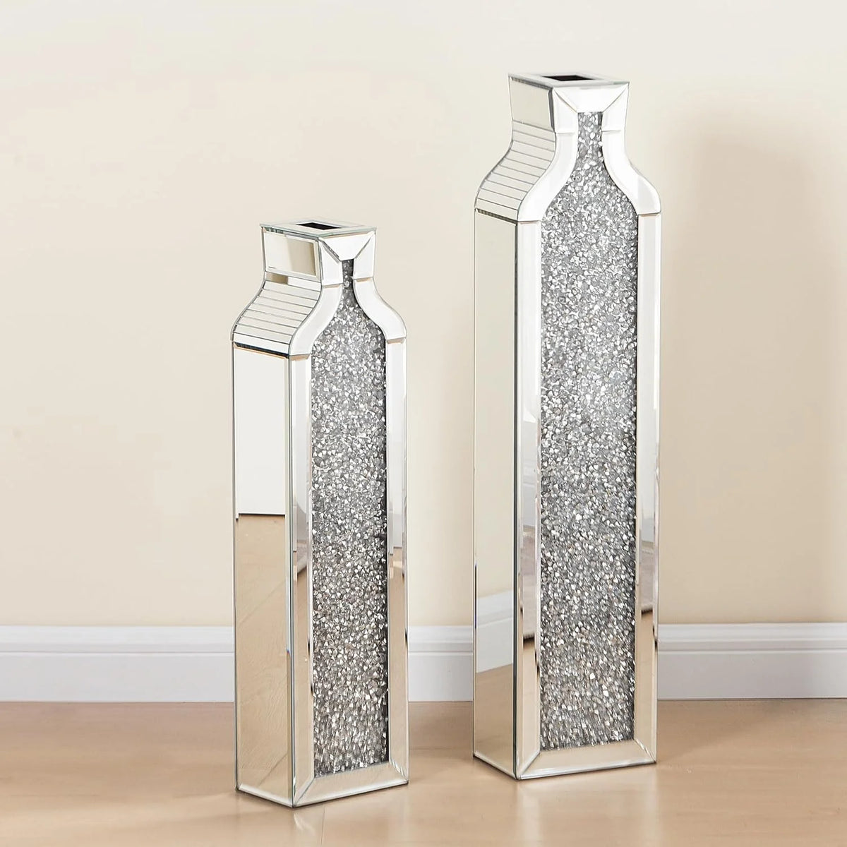 Floor vase crushing diamond reflective vase - Silver floor-style vase set (2-piece) - 24-inch and 30-inch large crystal goblet vases. suitable for living rooms. dining rooms. bedrooms. home corners. corridors. indoor offices and floors.