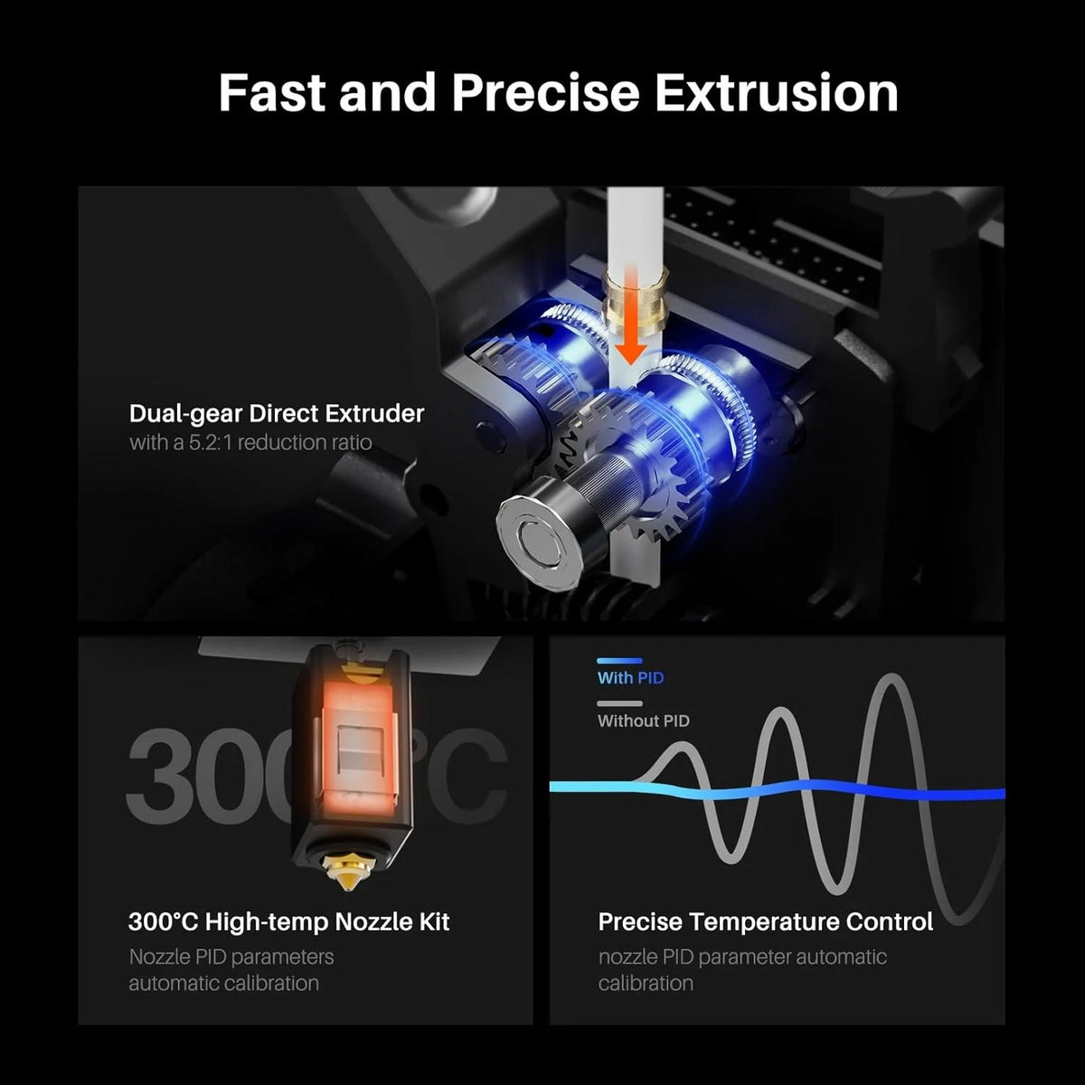 Printer with Auto Bed Leveling. Dual-Gear Direct Extruder. Dual Lead Screw Drive. Removable Capacitive Screen. 8.85x8.85x11in Large Printing Size