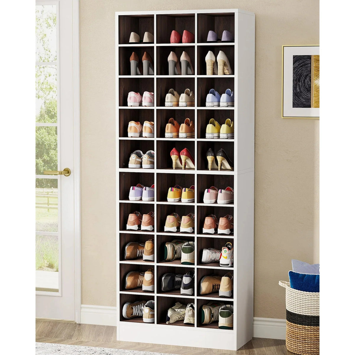 10-Tier Tall Shoe Cabinet. 30-Pair White Wood Shoe Storage Rack for Entryway and Closet