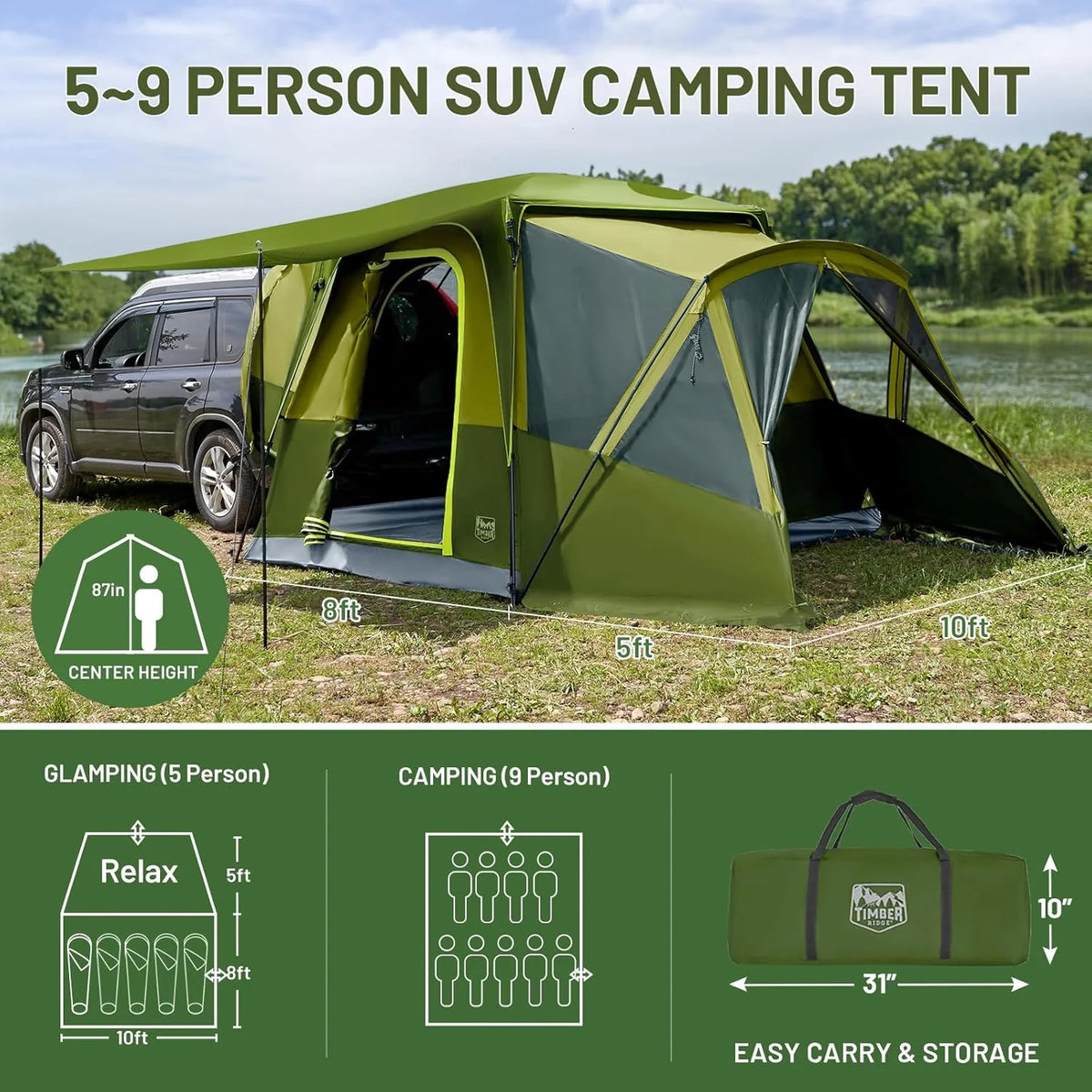5-9 Person SUV Tent with Screen Porch and Awning for Family Camping. Weather Resistant and Portable Van or Car Tent. Includes Rainfly and Storage Bag. 13' W X 10' L X 7.1' H