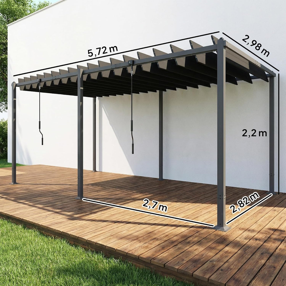 Outsunny Pérgola de Jardín 3x5.7 m. Cenador de Jardín con Techo de Lamas Ajustable a 90°. Manivela. Estructura de Aluminio. Protección UPF50+.