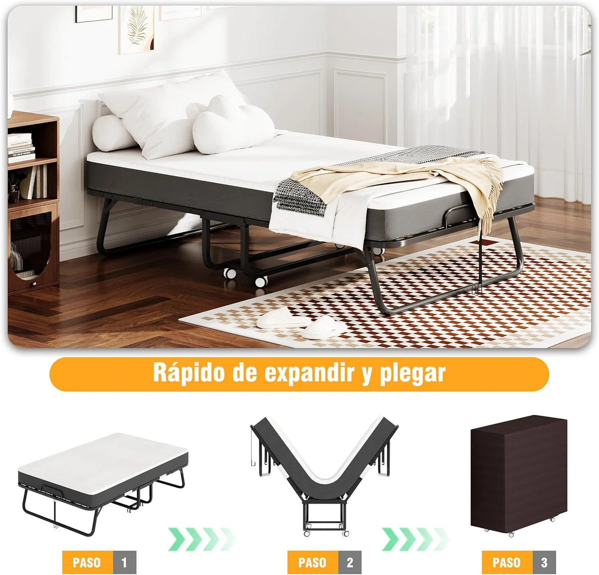 Cama Plegable de 120 cm con Colchón de 13cm (Viscoelástica). Somier Reforzado de Metal con 4 Ruedas y Funda Antipolvo. Cama Supletoria de Invitados