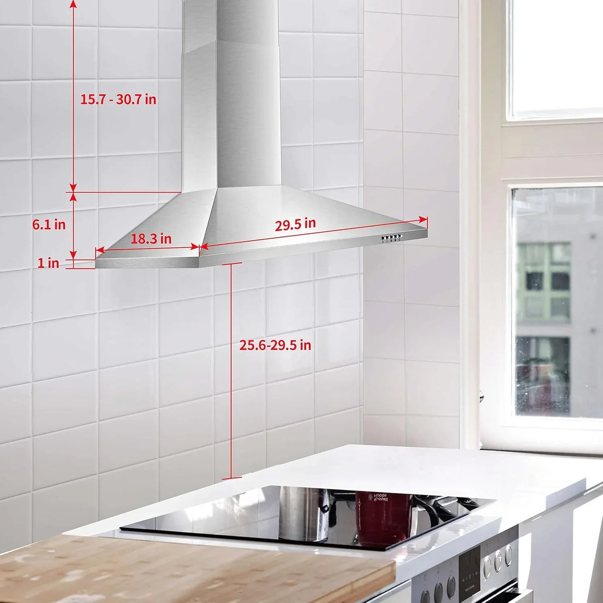 30 Inch Wall Mount Stainless Steel Range Hood. Modern Kitchen Exhaust Vent Hood with LED Light