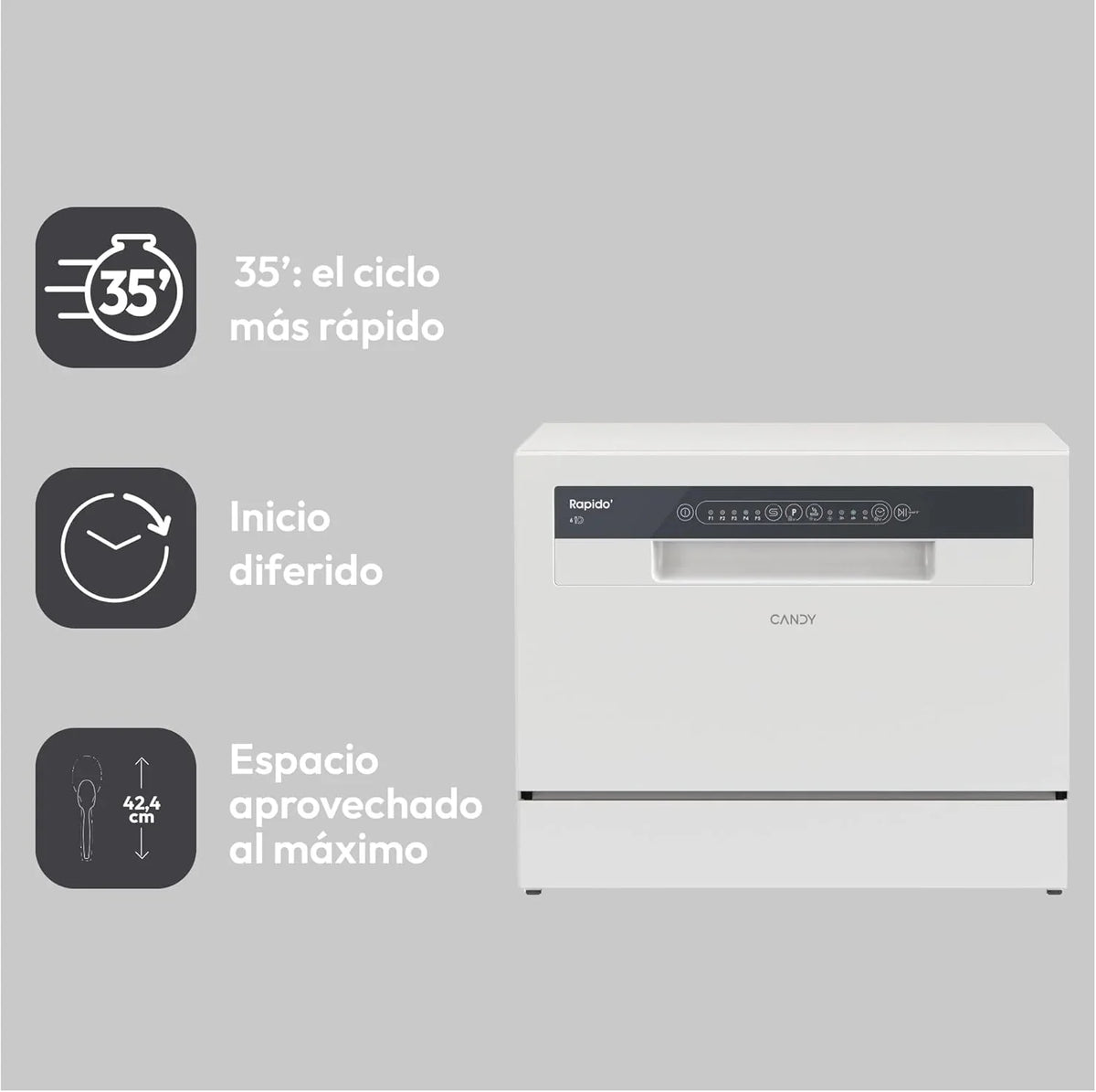 Candy CP 6E51LW Lavavajillas Pequeño y Compacto. 6 Servicios. Digital. 51DBA. 5 Ciclos. Media Carga. Inicio Diferido 3-6-9 horas. Indicador Sal y