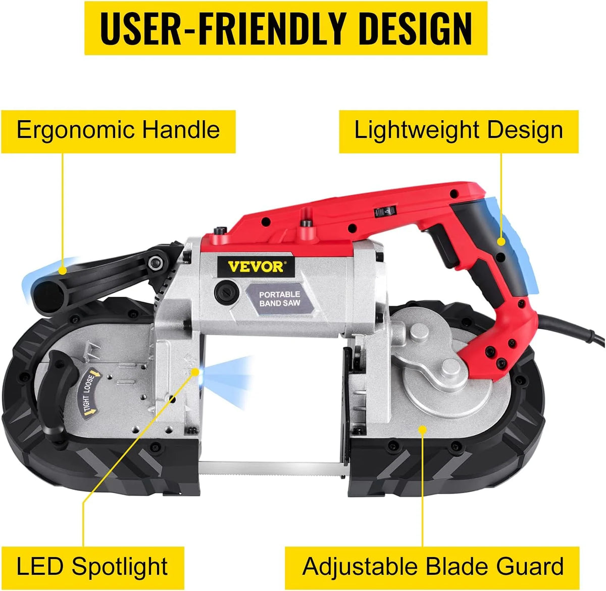 Portable Band Saw. 110V Removable Alloy Steel Base Corded Band Saw. 5 Inch Cutting Capacity Hand held Band Saw.Variable Speed Portable Bandsaw. 10Amp Motor Deep Cut Band saw for Metal Wood