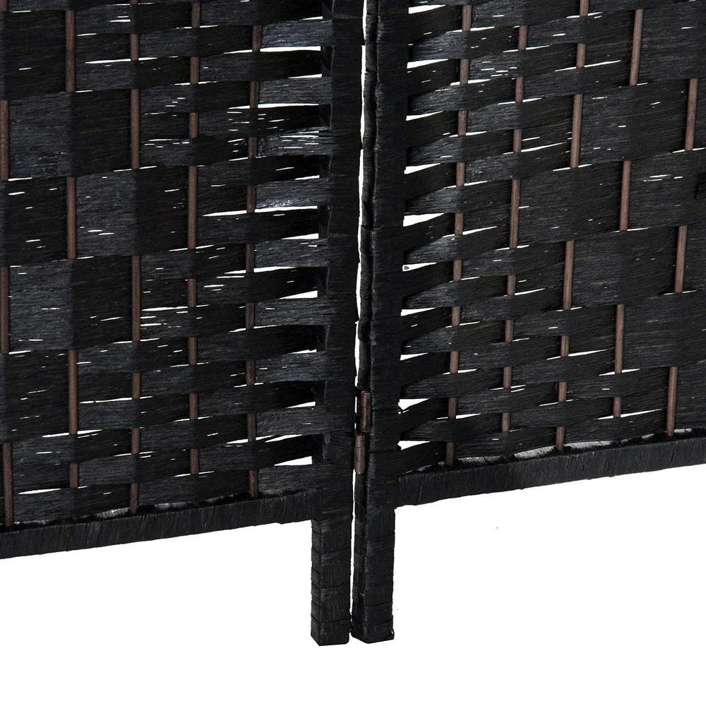 6 Ft Tall Four-Panel Wicker Weave Room Divider. Black Wood Privacy Screen