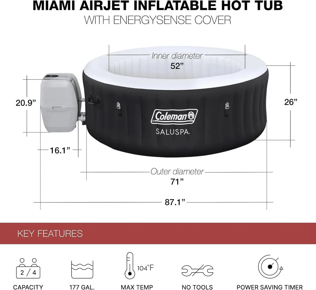 2-4 Person Inflatable Hot Tub. Portable Round Outdoor Spa with 120 Soothing Air Jets and Insulated Cover. Black
