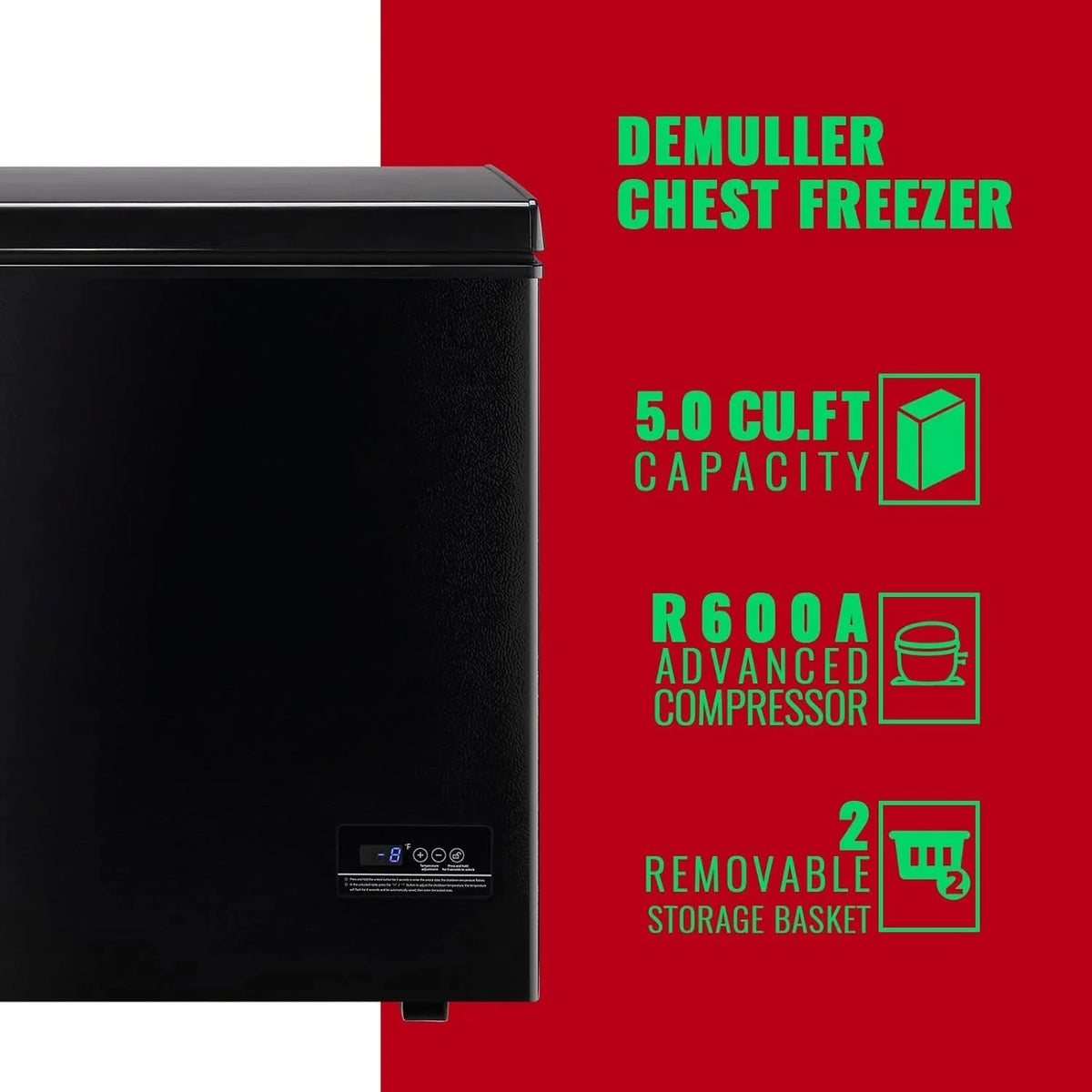 5.0 Cu. Ft. Chest Freezer with 2 Removable Stainless Steel Baskets. Electronic Control. 41°F to -15°F. Black