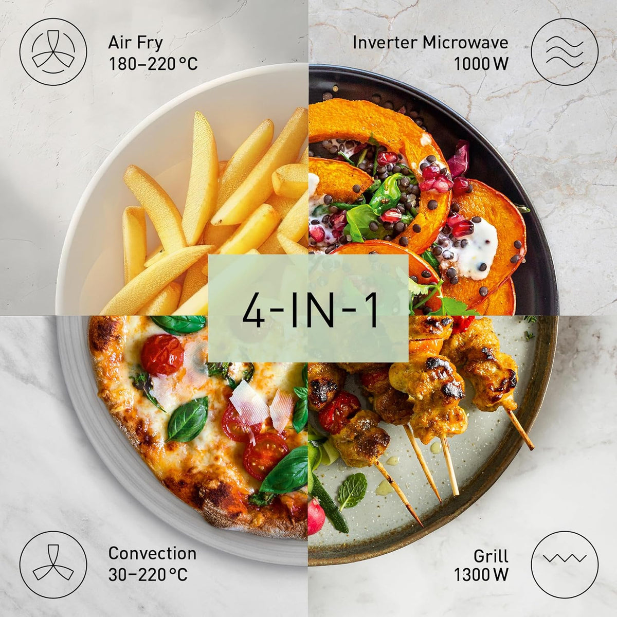 Panasonic NN-CD58RSEPG 27L 4-in-1 Kombi-Mikrowelle mit Airfryer Modus und Garkorb. 1000W Inverter. 1300W Grill. Umluft. 19 Automatikprogramme.