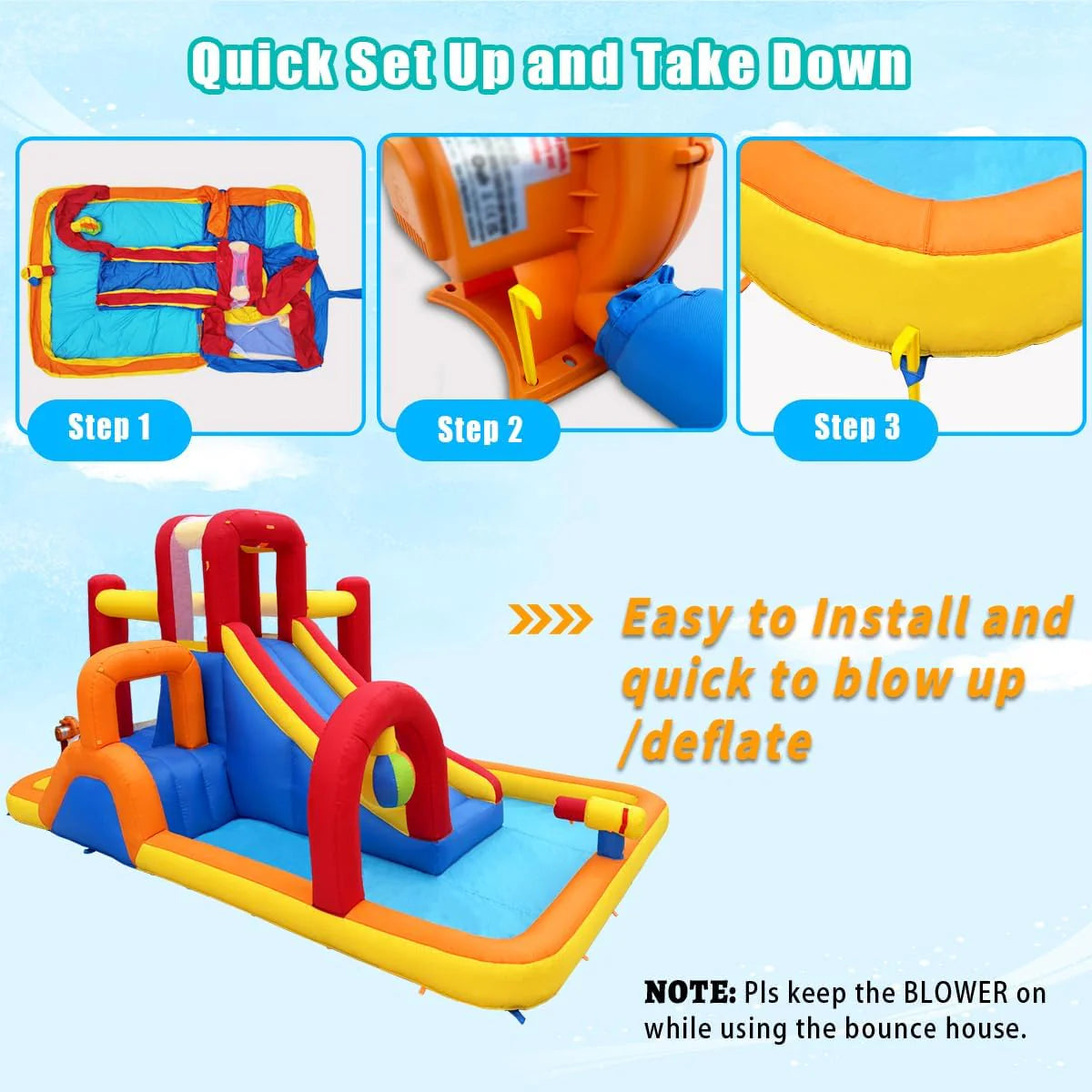 Inflatable Water Slide. 10 in 1 Water Park Bounce House with Blower. Splash Pool. 2 Slides. Water Cannon. Climbing Wall. Blow up Water Slides for Kids Outdoor Backyard