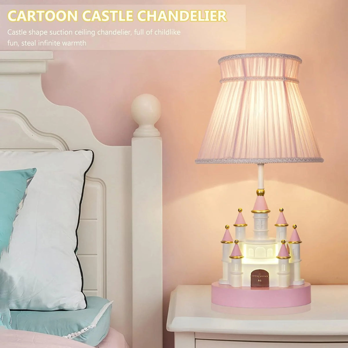 Cartoon children's table. Light pink bedside table. Princess-style cute castle-shaped resin material lamp for girls' bedroom and living room. with fabric shade cover.