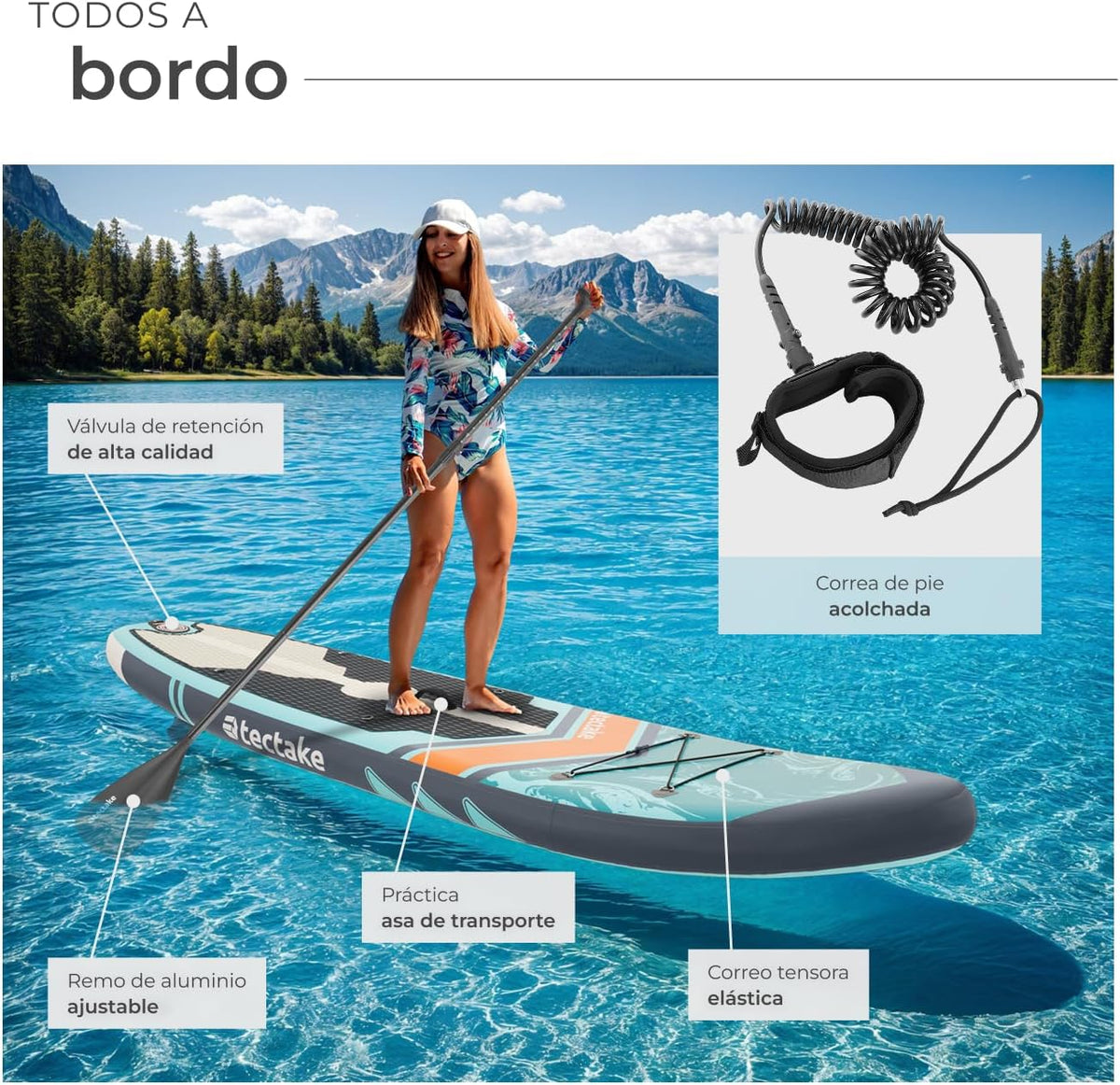 tectake Tabla de Paddle Surf Hinchable. Incluye Remo 2 en 1. Asiento de Kayak. Bomba de Aire. Mochila de Transporte. Stand Up Paddle. Accesorios