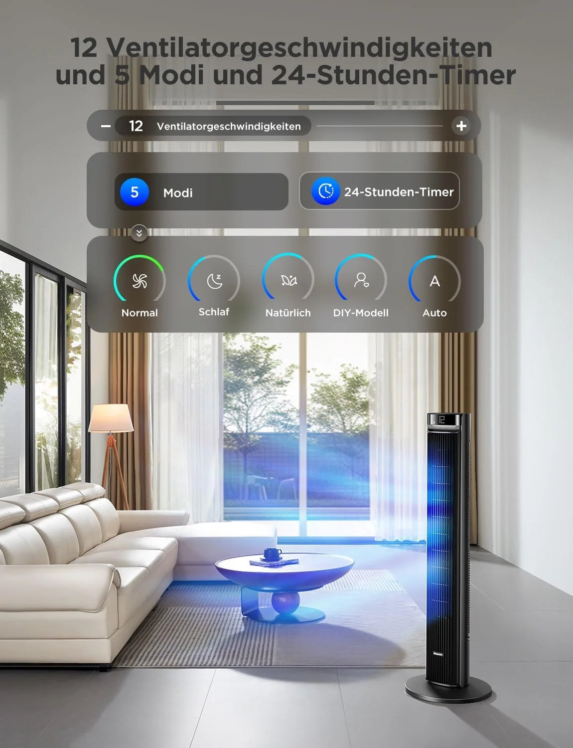 GoveeLife 27 dB leiser Ventilator. 12 Geschwindigkeiten bis zu 8 m/s. 5 Modi. 24-Stunden-Timer. intelligenter Turmventilator mit 150°-Oszillation. APP