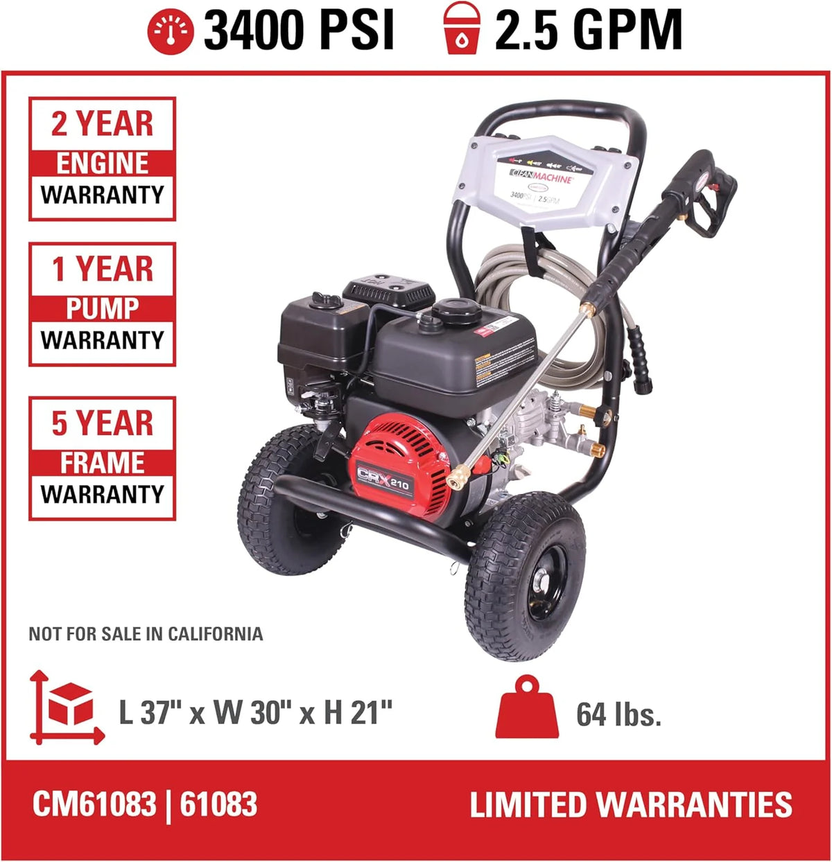 Cleaning CM61083 Clean Machine 3400 PSI Gas Pressure Washer. 2.5 GPM. CRX Engine. Includes Spray Gun and Wand. 4 QC Nozzle Tips. 5/16-in. x 25-ft. MorFlex Hose.