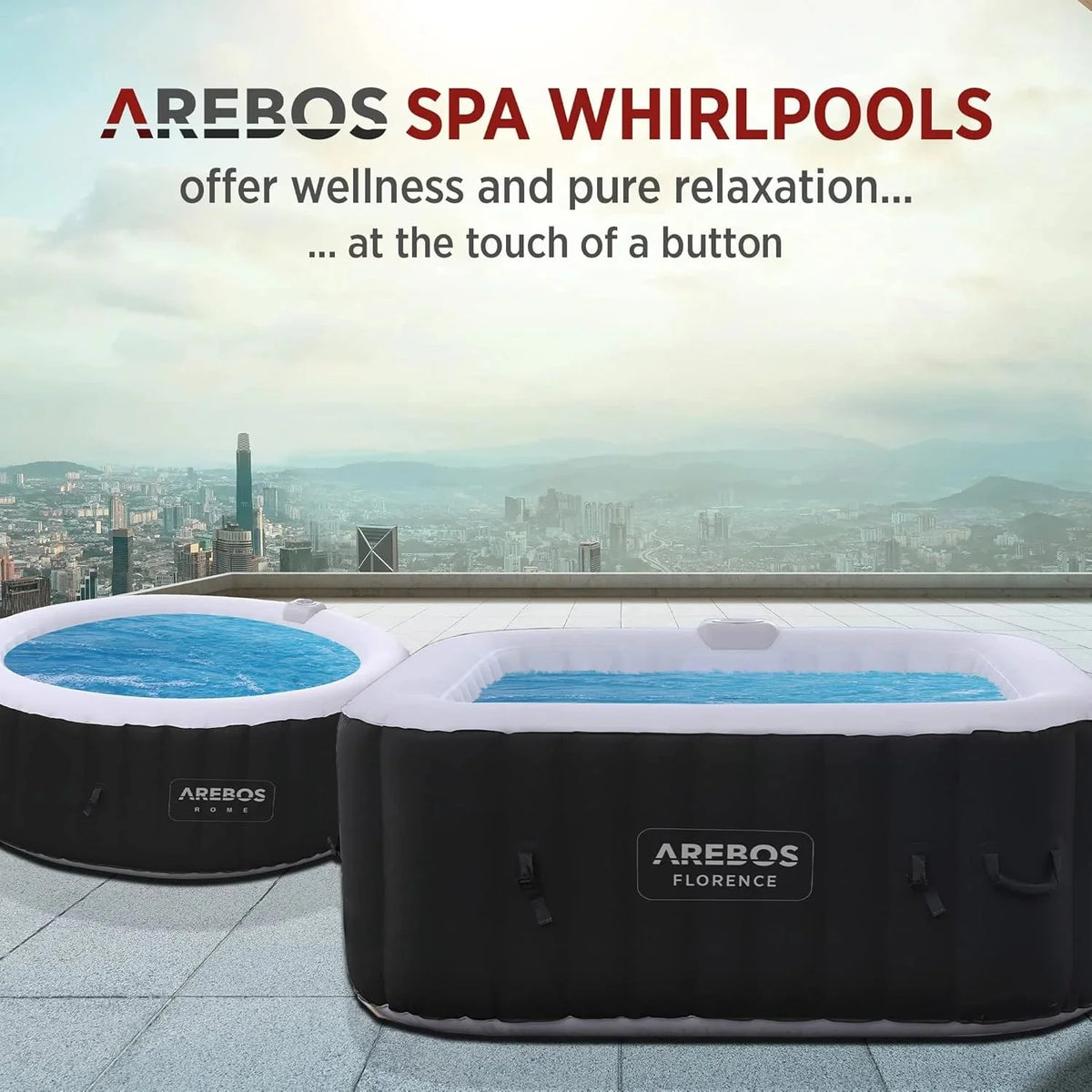 Arebos SPA Hinchable Piscina de hidromasaje | Hinchable | Cuadrada | para Interior y Exterior | 154x154cm | 4 Personas | 130 chorros de Masaje | 600 L