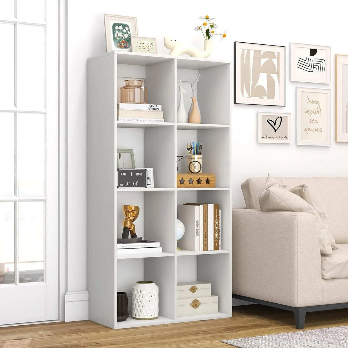 Suitable for two people. floor-standing bookshelf. with an open back panel. anti-toppling device. It is a modern storage display stand suitable for use in family offices. living rooms. bedrooms. and study rooms. White.