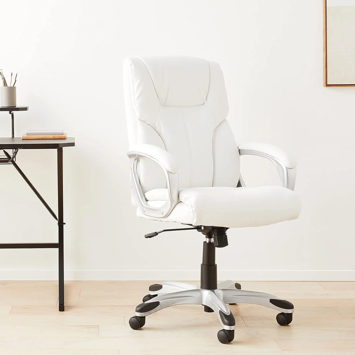High-back executive office chair. adjustable in height. tiltable. rotatable. uniform size. white/mustard color