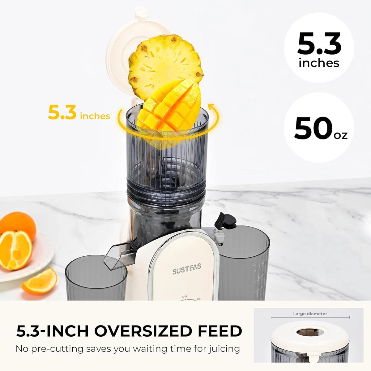 Cold press juicer. 5.3-inch feed opening. slow-speed mixing type machine. power 300 watts. capable of extracting whole fruits and vegetables. easy to clean. high juice output. white appearance