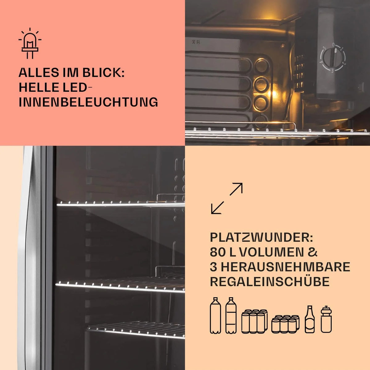 Klarstein Mini Kühlschrank mit Glastür. Mini. für Zimmer. Getränkekühlschrank Klein mit Verstellbaren Ablagen. 80 Liter. Indoor/Outdoor Kühlschrank