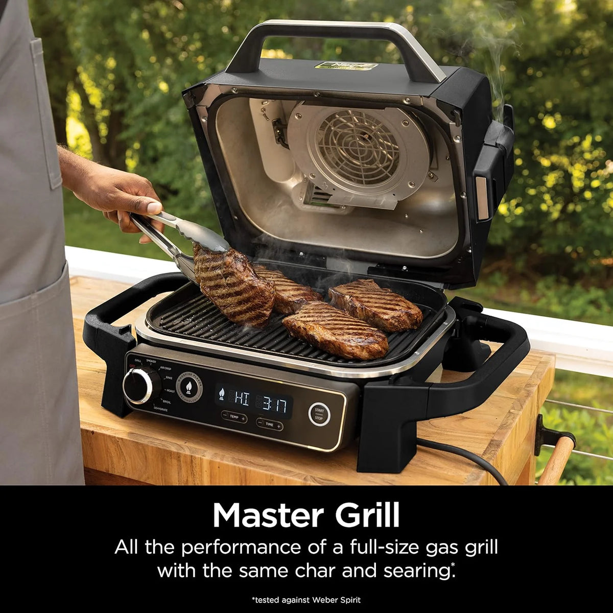The wood-fire professional outdoor grill is equipped with an internal thermometer. It is a 7-in-one multi-functional grill. a barbecue smoker. an outdoor air fryer. featuring baking. roasting. dehydrating and grilling functions. It adopts the wood-fi