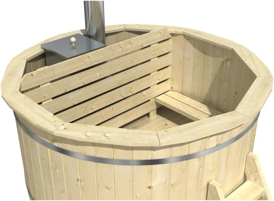 Holz Badefass Bergen. Hot Tub Ø 160 x 110 cm. inkl. Edelstahl-Ofen 22 kW und Einstiegsleiter. 3-4 Personen. Schwimmbecken. Badebottich. Sprudelbad