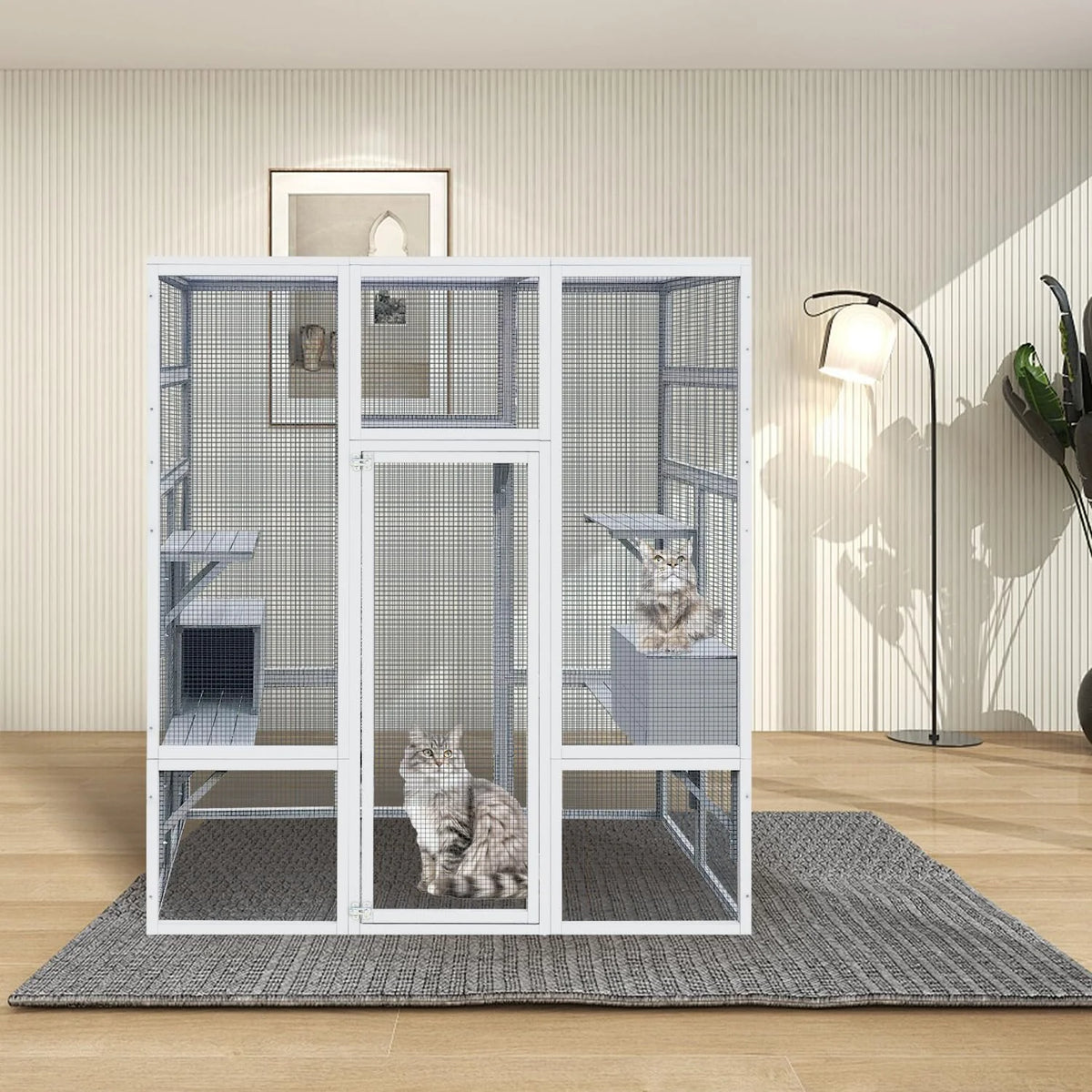 62.6-inch wooden outdoor cat house. large cat cage room. equipped with 7 platforms. 2 rest boxes and a rainproof roof. suitable for multiple pets to use. Step-in cat apartment shelter. white model