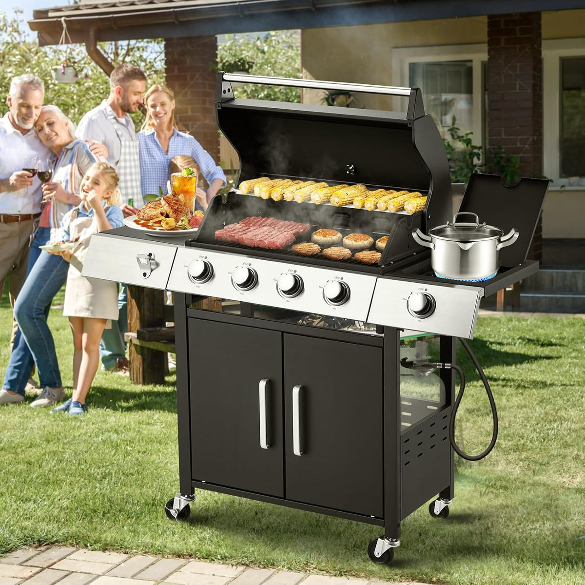 4-Burner Propane Gas Grill with Cast Iron Grates. Side Stove and 44.000 BTU Stainless Steel Burners