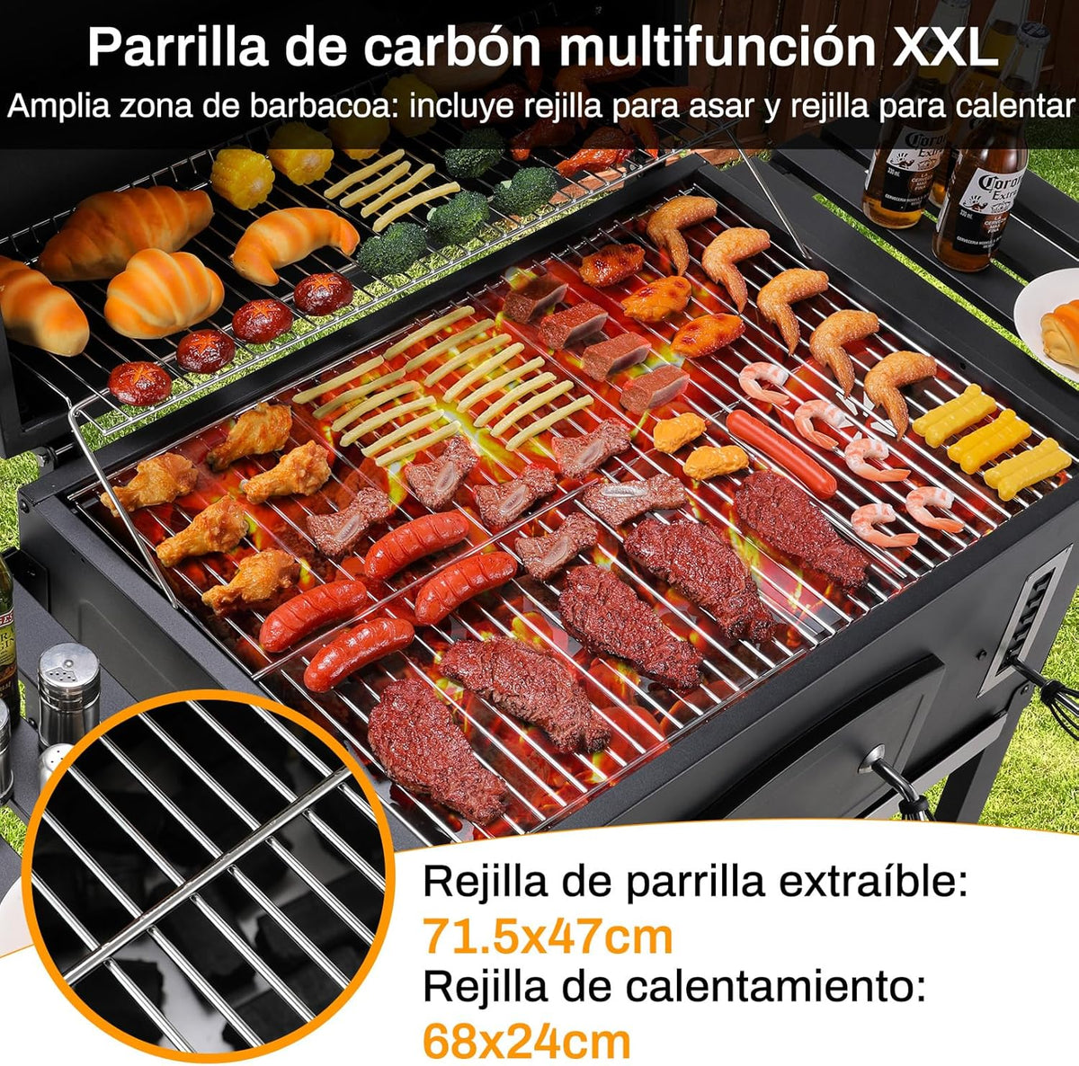 Barbacoa de Carbon XXL. Parrilla de Carbón con Chimenea y Tapa. Parrilla con Carrito BBQ Smoker con Ruedas y Termómetro. Grande BBQ Carbon para