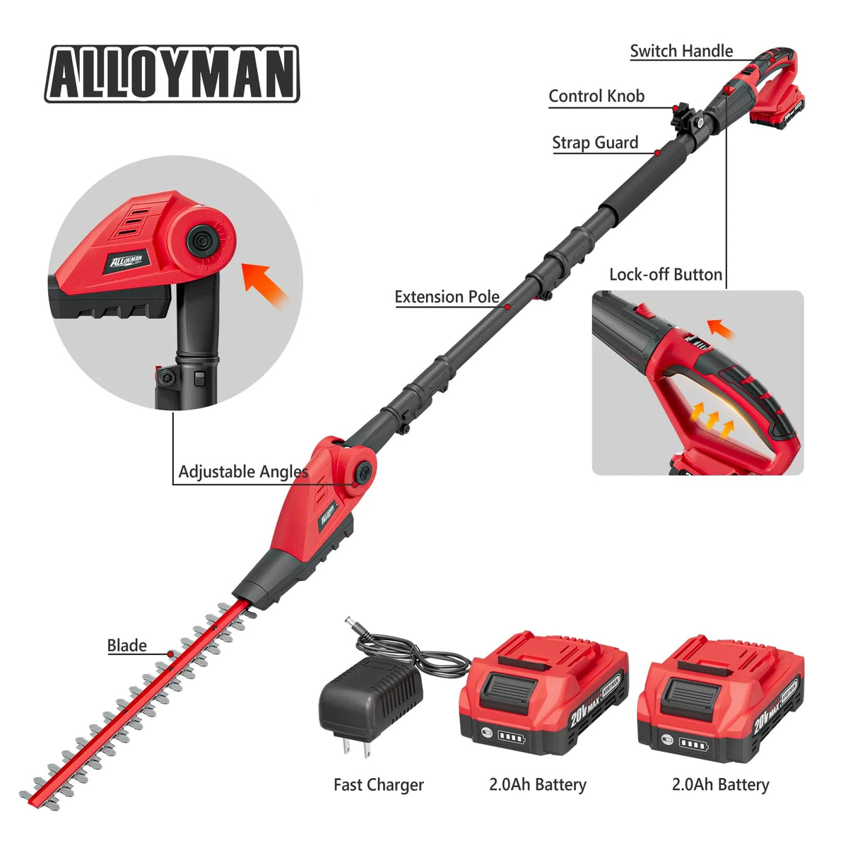 20V MAX Cordless Pole Hedge Trimmer. 2 x 2.0Ah Batteries and Charger Included