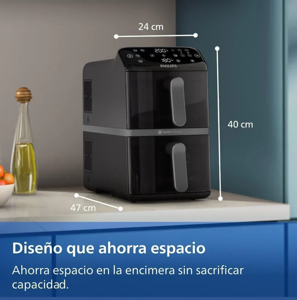Philips Airfryer Series 4000 Double Vertical Basket 10L – RapidAir Technology. Sync. 2 Baskets at Once. 45% Less Space. PFAS Free Ceramic Coating.