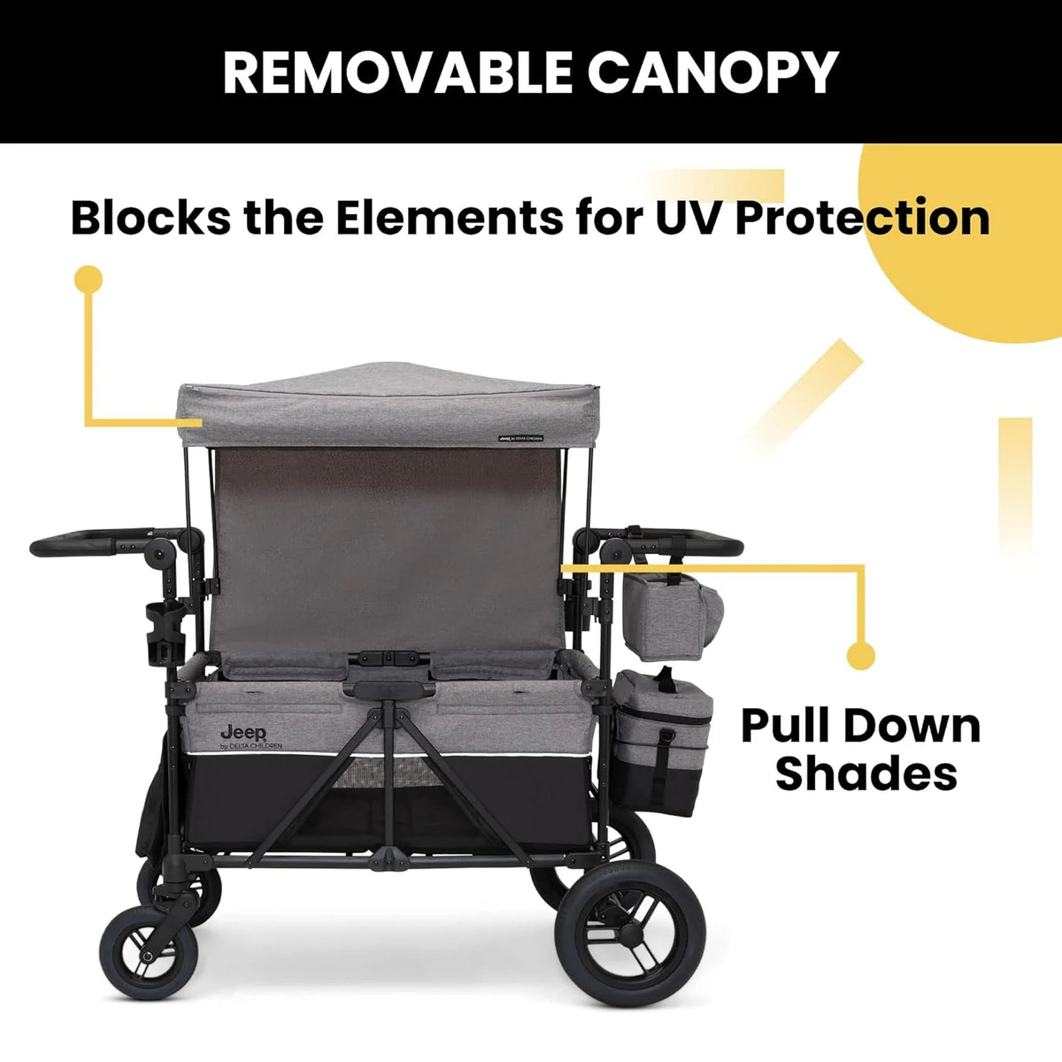 Luxurious 4-seater children's stroller - A high-end 4-seater children's stroller specially designed for 4 children. equipped with convertible seats. adjustable push-pull handles. detachable sunshade. and flat folding device. The color is grey.