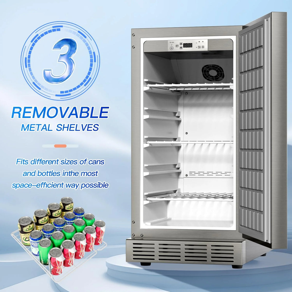 15 Inch Outdoor Refrigerator. Weather Proof Stainless Steel Beverage Beer Cooler Under Counter Fridge. Indoor/Outdoor Refrigerator with 3 Shelves for Patio Kitchen and Commercial Use