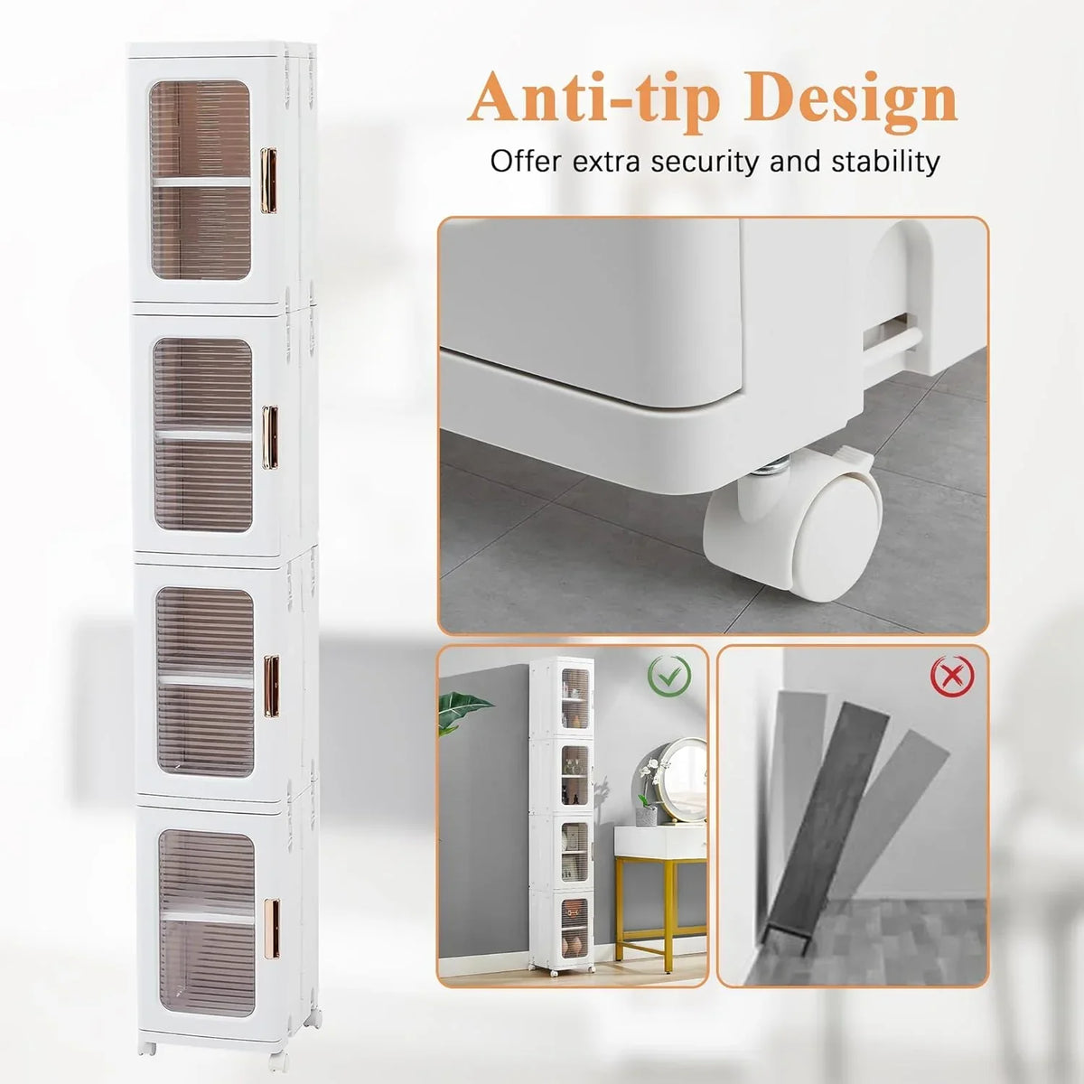 4-Tier Tall Narrow Plastic Storage Cabinet. Slim Vertical Organizer for Bathroom. Bedroom and Home Storage