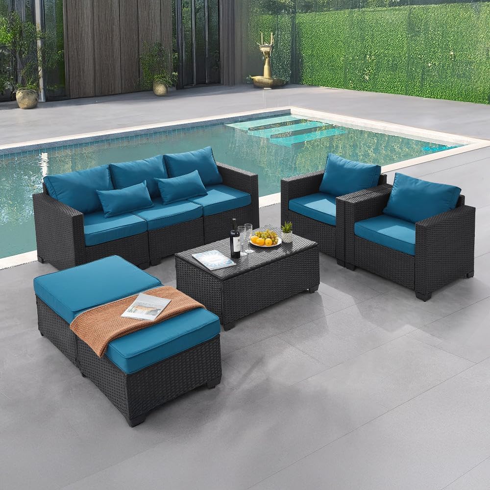 6 Pieces Outdoor Patio Furniture Sets with Furniture Cover. PE Rattan Wicker Patio Conversation Set with Tea Table (Peacock Blue. Rattan Storage Table)