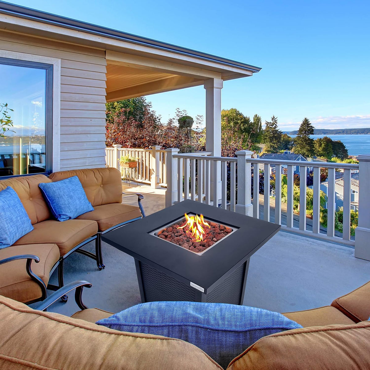 Propane fire pit table. 40.000 watt outdoor square gas fire pit. with lid. weather-resistant metal material. adjustable flame. rock melting set. highly suitable for use on decks. backyards and platforms (30 inches × 30 inches × 11 inches)
