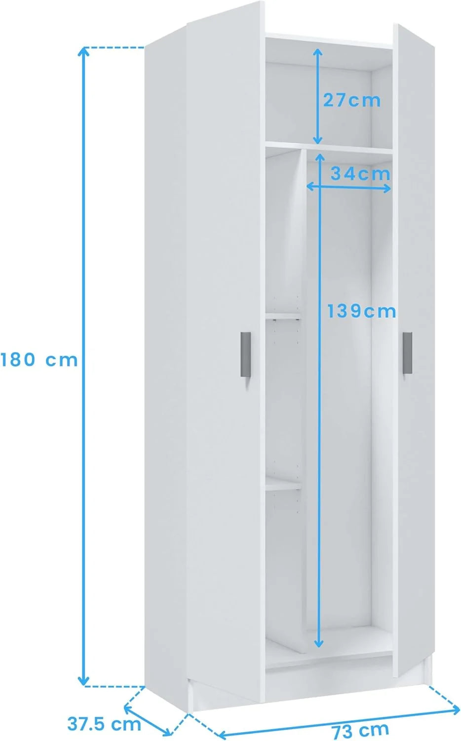 Habitdesign Multi-Purpose Wardrobe. Broom 2 Doors 3 Shelves. 180 x 73 x 37 cm (H x W x D – cm). Matt White