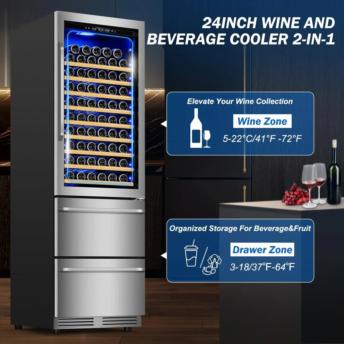 24 Inch Dual Drawer Fridge Under Counter with Wheels. Outdoor Beverage Refrigerator for Patio. Stainless Steel Weather-Proof. Freestanding or Built-In Installation. Ideal for Home and Commercial Use