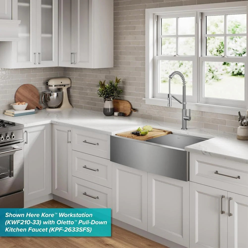 33-inch country-style workstation with built-in sink. dish drying rack. and stainless steel kitchen sink