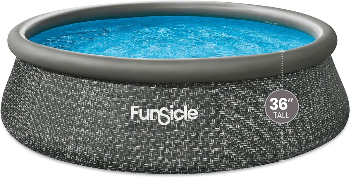 12 Foot by 36 Inch Quickset Round Inflatable Ring Top Outdoor Above Ground Swimming Pool Set with Pump and Cartridge Filter. Dark Herringbone