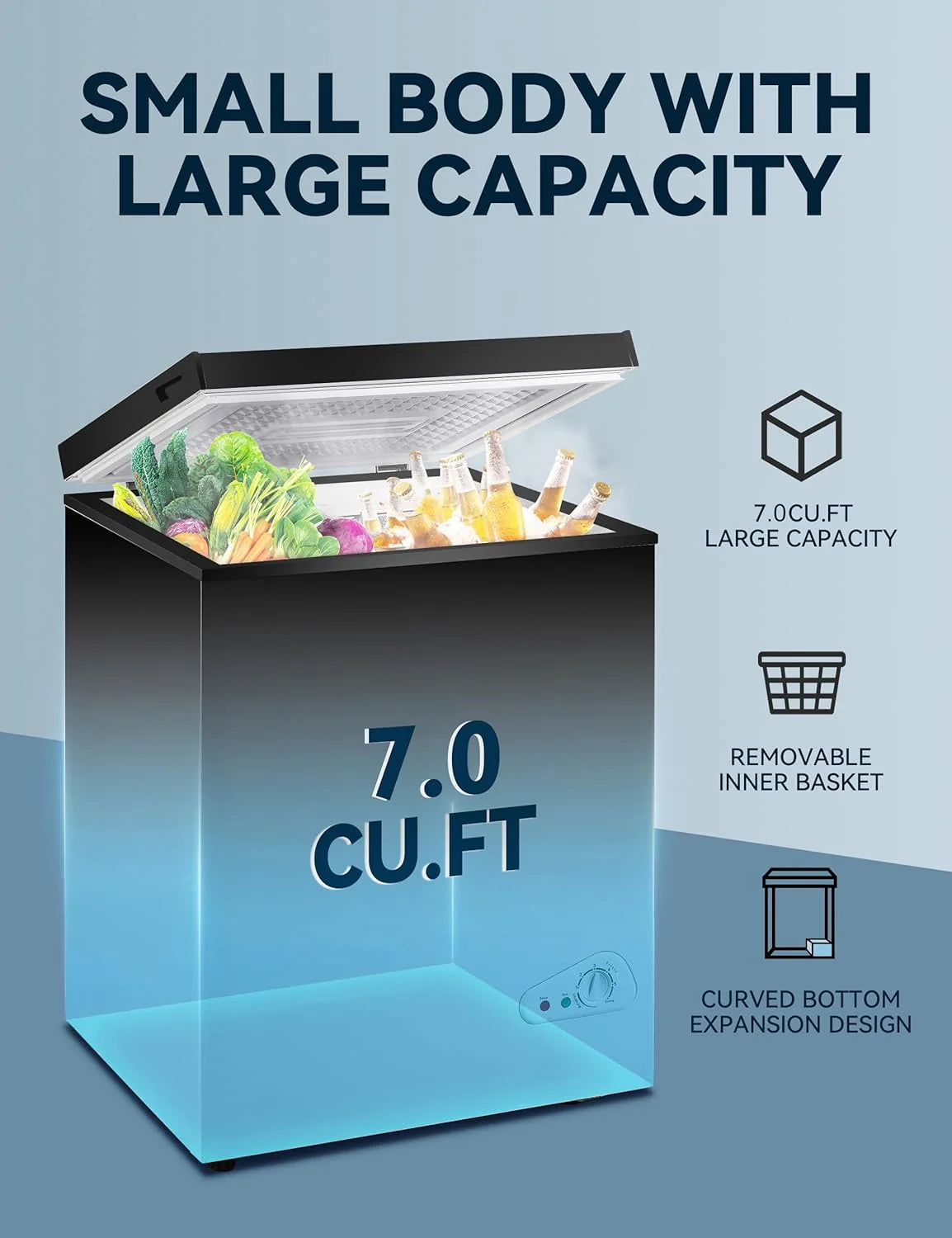 7.0 Cu Ft Chest Freezer - Energy Efficient & Quiet Mini Freezer with Adjustable Thermostat - Compact Deep Freezer for Home. Apartment. and Garage - Removable Basket & Defrost Drain