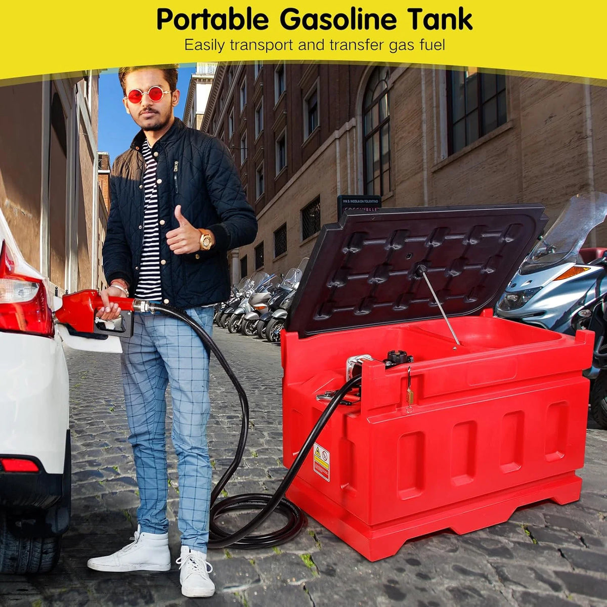 Portable 48 Gallon Fuel Tank with Pump for Gasoline & Diesel. 15GPM High Flow Rate 12V DC Self-Priming Fuel Transfer Pump. 13.1ft Hose. Auto Fueling Nozzle. for Easy Fuel Transportation